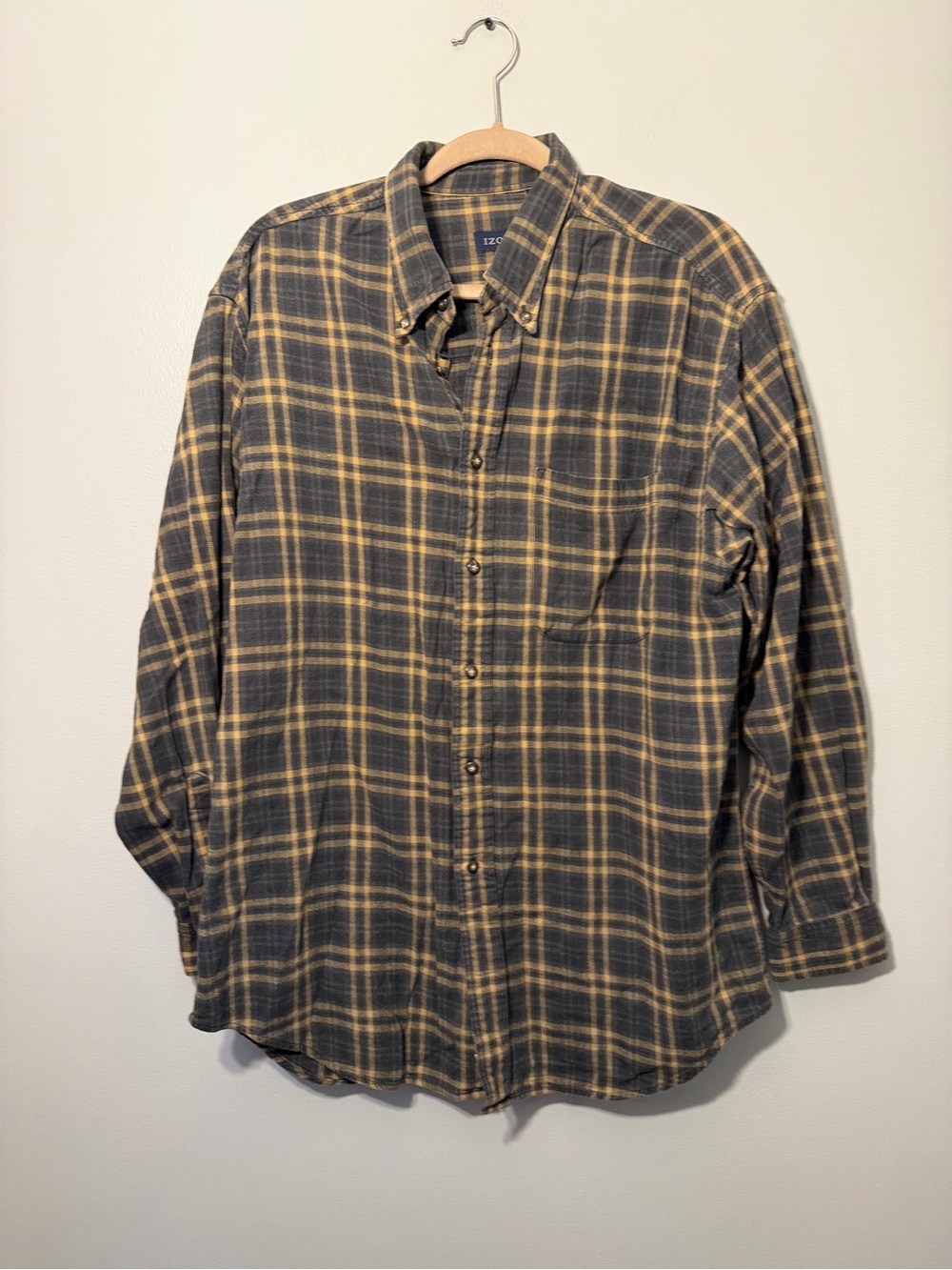 Izod Men's Plaid Button-Down Shirt in Gray and Mustard Yellow
